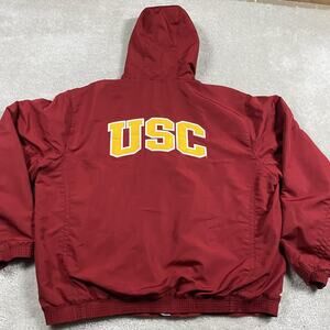 VTG USC Trojans Jacket Mens L Red NCAA Football Hooded Full Zip Fleece Lined